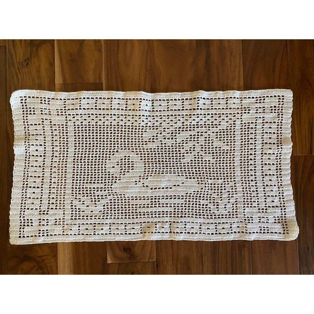 Large Vintage Handmade Crochet Swan Filet Doily Wall Decor White